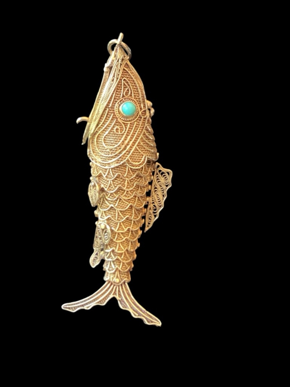 Vintage Silver Gold Vermeil Filigree Fish Pendant with Turquoise Eyes